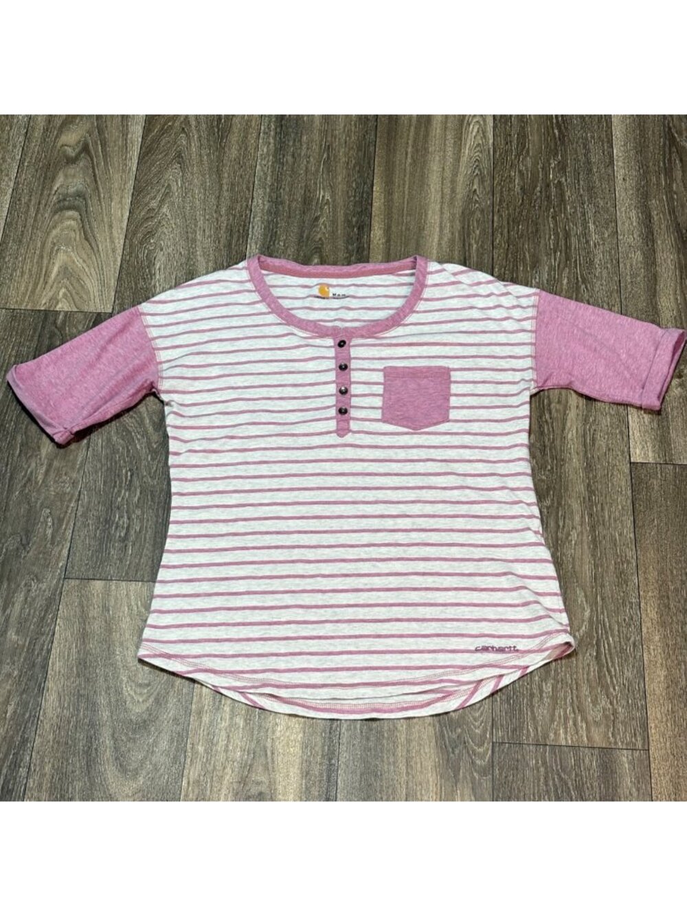 Carhartt Womens Striped Henley Shirt Pink & White Size M Cotton/Poly Blend
